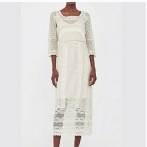 ZARA Crochet Lace Prairie Dress Midi 3/4 length sleeve